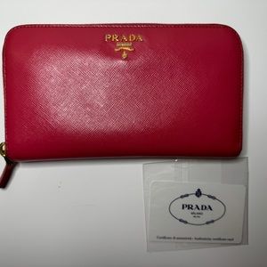 Prada Saffiano Leather Zip Wallet in Peonia - with Authentication Card